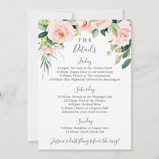 Bachelorette Weekend Nodig Reisschema Airy Blush u Kaart (Achterkant)