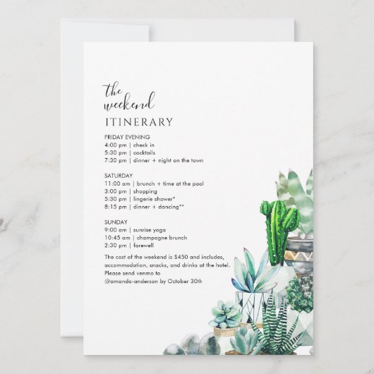 Bachelorette Weekend Party en Itinerary Cacti Kaart (Achterkant)