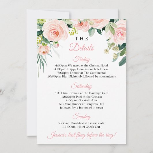 Bachelorette Weekend-reisroute Airy Blush Invitati Kaart (Achterkant)