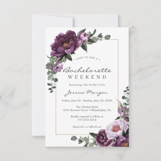 Bachelorette Weekend reisroute Paarse uitnodiging (Voorkant)