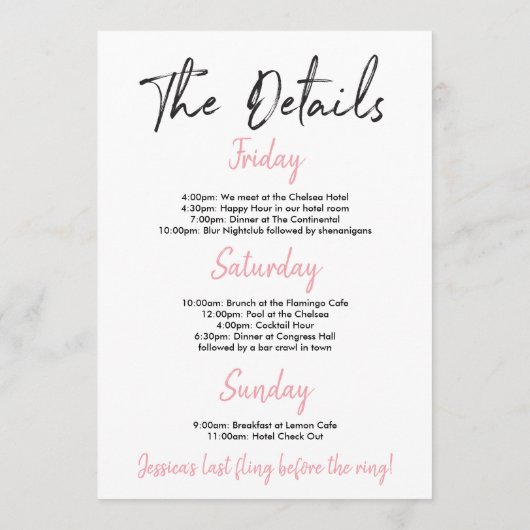 Bachelorette Weekend Route Roze en Goud Programmakaart (Achterkant)