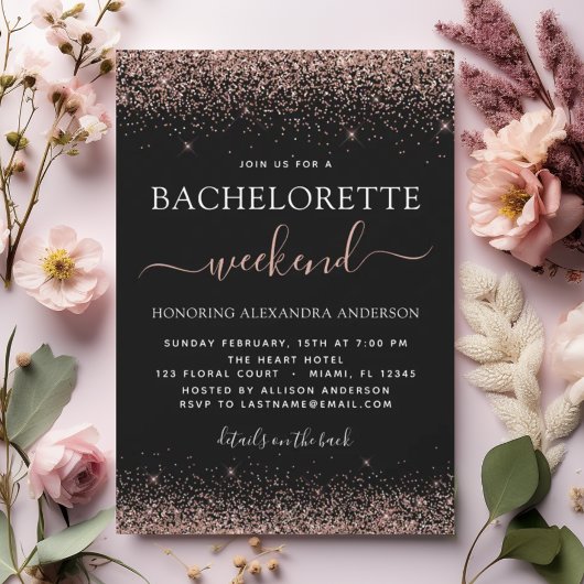 Bachelorette Weekend Roze Rose Goud Glitter Party Kaart