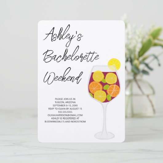 Bachelorette Weekend Sangria Cocktailglas Kaart (Staand voorkant)