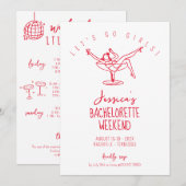 Bachelorette weekend vrouw in cocktail glas rood kaart (Voorkant / Achterkant)