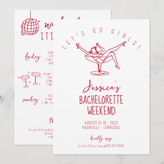 Bachelorette weekend vrouw in cocktail glas rood kaart (Voorkant / Achterkant)