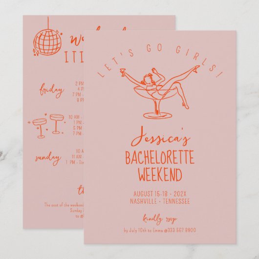 Bachelorette weekend vrouw in cocktailglas kaart (Voorkant / Achterkant)