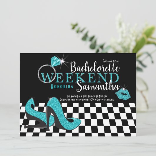 Bachelorette-weekend | zwart & Turquoise Kaart (Staand voorkant)