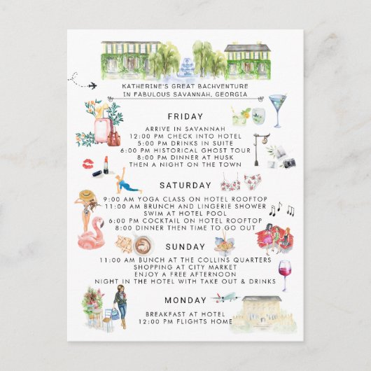 Bachelorette-weekendprogramma | Savannah, Georgia Uitnodiging Briefkaart (Voorkant)