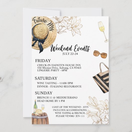 Bachelorette, wijn bachelorette, weekendprogramma save the date (Voorkant)