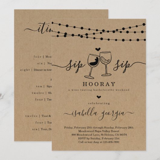 Bachelorette Wine Tasting Weekend Itinerary Kaart (Voorkant / Achterkant)