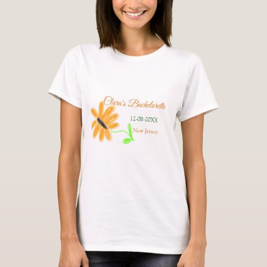 Bacheloretteparty voeg naam datum plaats zonnebloe t-shirt (Voorkant)