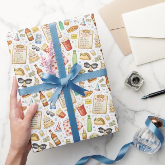 Bachelorpartychecklist – Grappig waterverfdesign Cadeaupapier (Geschenken)
