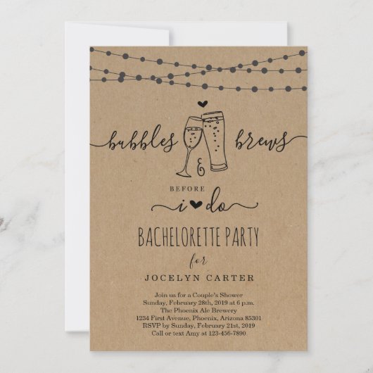 Bacherlorette partijuitnodiging voor bubbels & Bre Kaart (Voorkant)