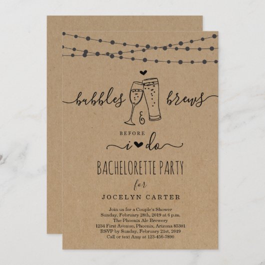 Bacherlorette partijuitnodiging voor bubbels & Bre Kaart (Voorkant / Achterkant)