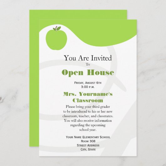 Back to School Open House Invitation - Green Apple Kaart (Voorkant / Achterkant)