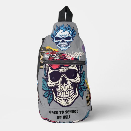 Back to school or hell Big skull floral Grey Sling Bag (Voorkant)