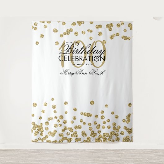 Backdrop 100th Birthday Gold White Confetti Wandkleed (Voorkant)