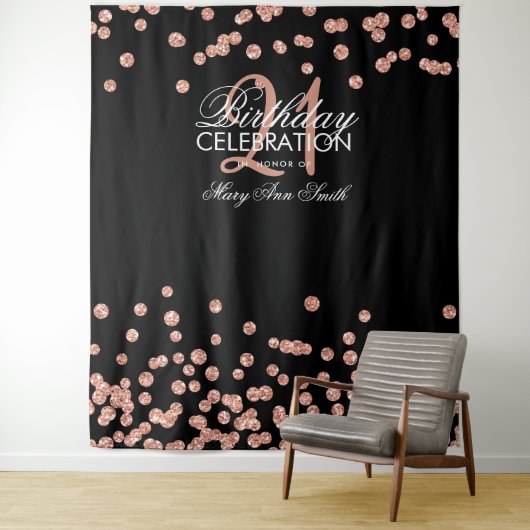 Backdrop 21st Birthday Roos Gold Black Confetti Wandkleed (In situ)
