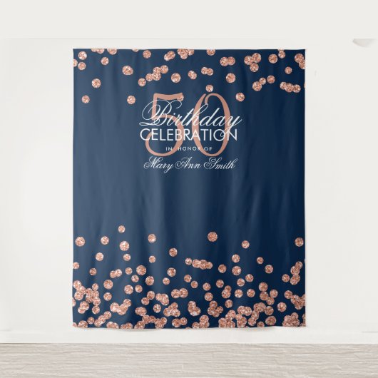 Backdrop 50th Birthday Roos Gold Navy Confetti Wandkleed (Voorkant)