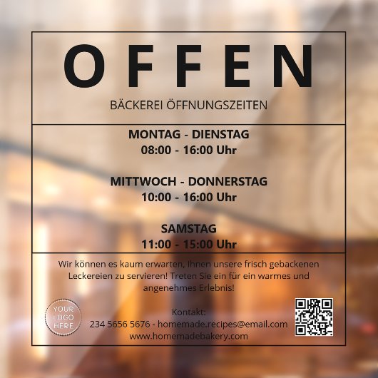 Bäckerei Öffnungszeiten Fensteraufkleber Raamsticker (Vel 2)