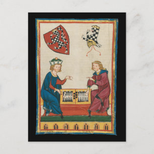 Backgammon spel, 14e eeuwse middeleeuwse kunst briefkaart