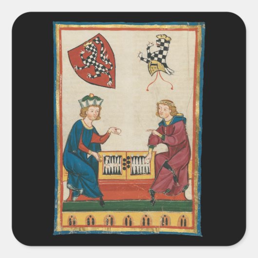 Backgammon spel, 14e eeuwse middeleeuwse kunst vierkante sticker (Voorkant)