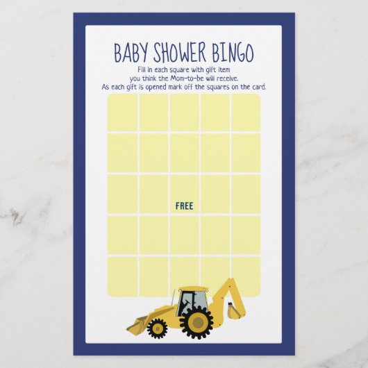 Backhoe Bouw Baby Shower Bingo Spel (Voorkant)