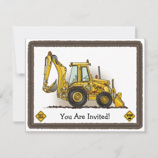 Backhoe Digger Construction Kinder Party Invitatio Kaart (Voorkant)