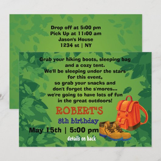 BackPack & Boots Camping Party Birthday Uitnodigin Kaart (Voorkant / Achterkant)