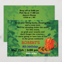 BackPack & Boots Camping Party Birthday Uitnodigin