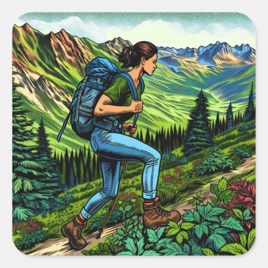 Backpacken Meisje Hiking the Trail Vierkante Sticker (Voorkant)