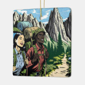 Backpacken Paar Wandelpad door bergen Keramisch Ornament (Links)