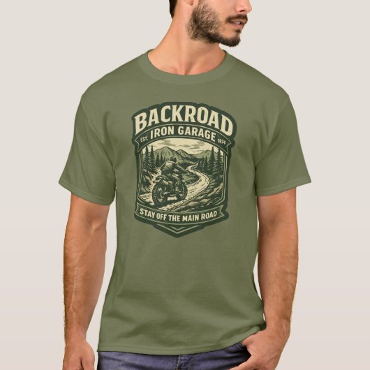 Backroad Iron Garage T-Shirt Scrambler Motorcycle (Voorkant)