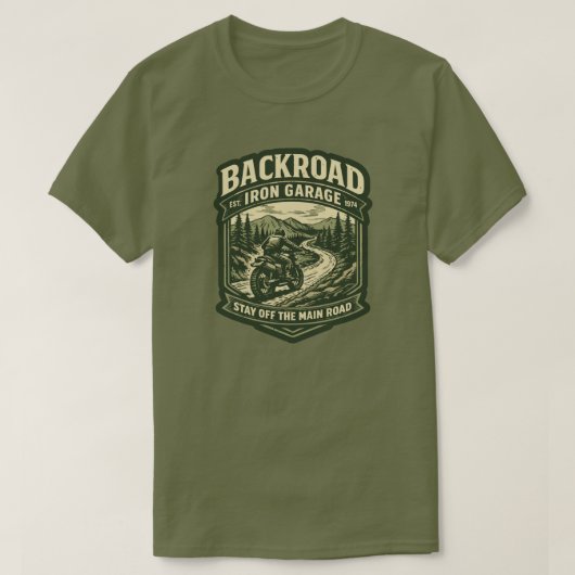 Backroad Iron Garage T-Shirt Scrambler Motorfiets (Design voorkant)