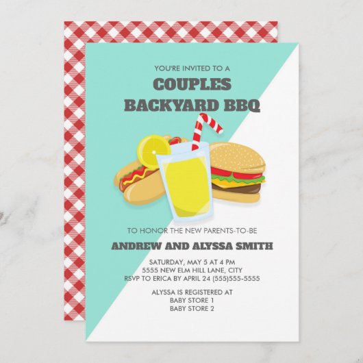 Backyard BBQ Couples Baby shower Invite Kaart (Voorkant / Achterkant)