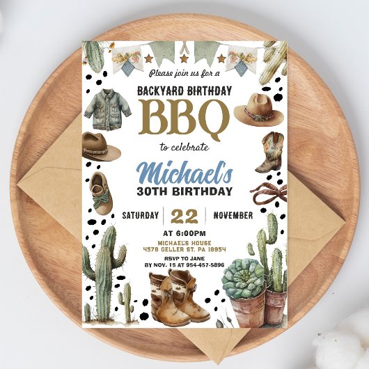 Backyard Cowboy BBQ Birthday Invitation Rustic BBQ Kaart
