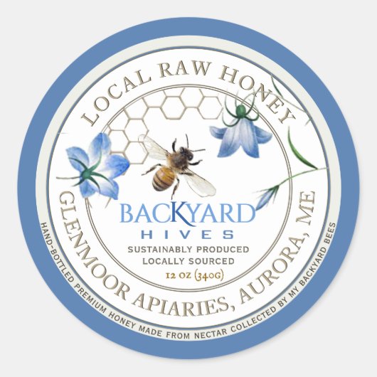 Backyard Hive Apiary Blue Flower Raw Honey Label (Voorkant)