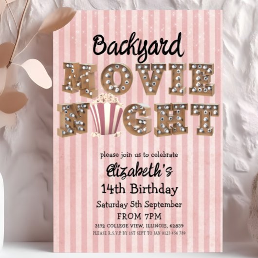 Backyard Movie Night Popcorn Marquee Lights Party Kaart