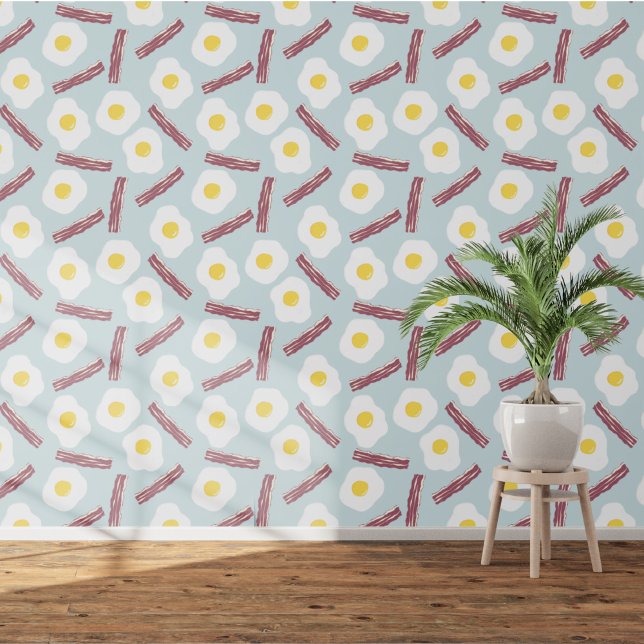 Bacon en Ei Behang (Fun bacon and egg food themed wallpaper)