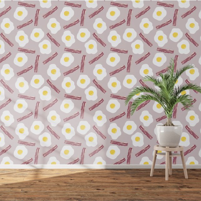 Bacon en Ei Behang (Fun bacon and egg food themed wallpaper)
