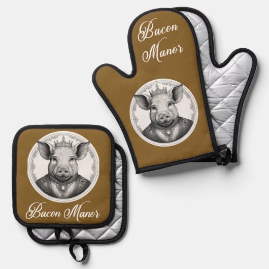 Bacon Manor Oven Mitt en Pot Houders Ovenwant & Pannenlap Set (Voorkant / Achterkant)