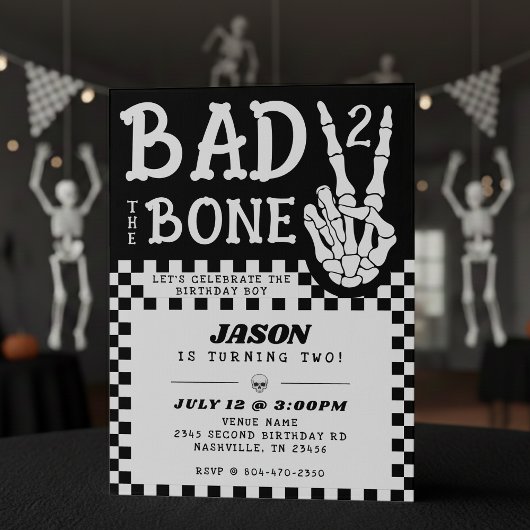 Bad 2 the Bone Skeleton 2nd Birthday Party Kaart