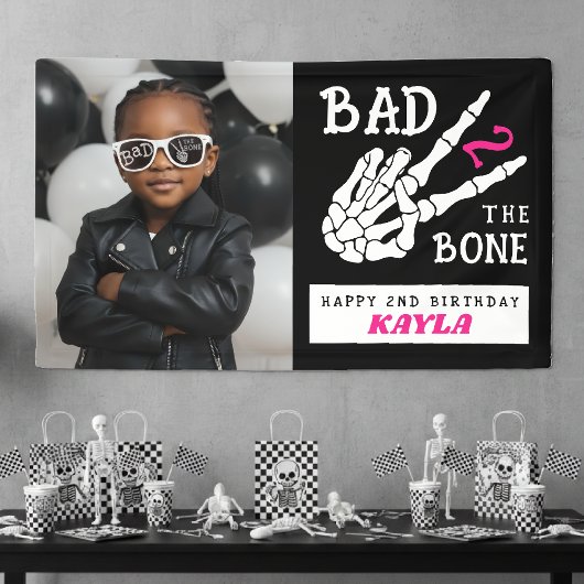 Bad 2 the Bone Skeleton Photo 2nd Birthday Party Spandoek