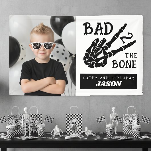 Bad 2 the Bone Skeleton Photo 2nd Birthday Party Spandoek