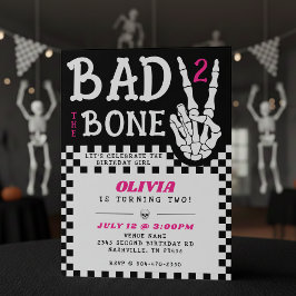 Bad 2 the Bone Skeleton Pink 2nd Birthday Party Kaart