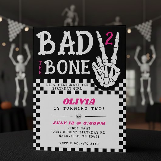 Bad 2 the Bone Skeleton Pink 2nd Birthday Party Kaart