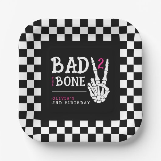 Bad 2 the Bone Skeleton Pink 2nd Birthday Party Papieren Bordje (Voorkant)