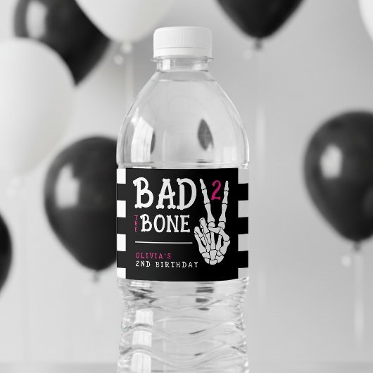 Bad 2 the Bone Skeleton Pink 2nd Birthday Party Waterfles Etiket