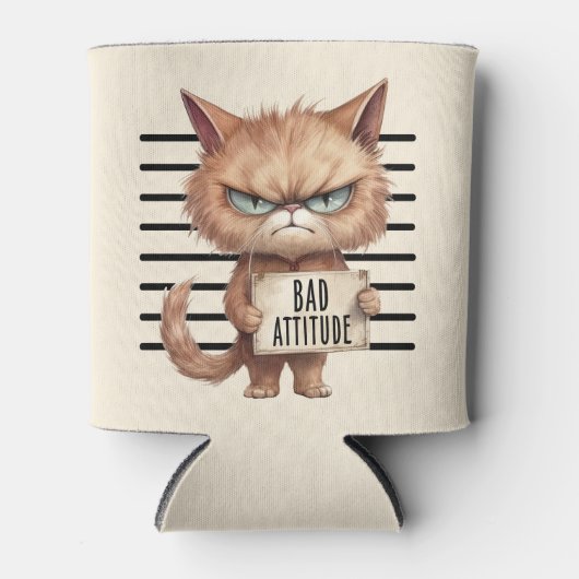 Bad Attitude Cat Mugshot – Grappig katachtig ontwe Blikjeskoeler (Voorkant)