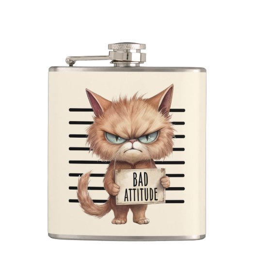 Bad Attitude Cat Mugshot – Grappig katachtig ontwe Heupfles (Voorkant)